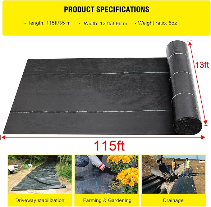Driveway Fabric, 13x115 ft Commercial Weed Barrier, Heavy Duty 5oz French Drain Fabric for Erosion Control, Landscape Projects