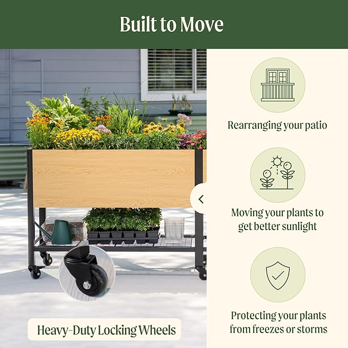 Rolling Elevated Garden Bed, 2' x 8' Metal Woodgrain Elevated Outdoor Planters Boxes with Legs & Storage Rack for Patio, 1800 lbs Weight Capacity, Raised Beds for Gardening Herb Flowers Vegetables