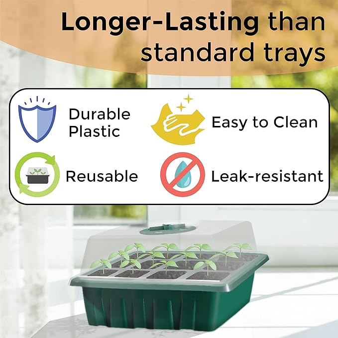 Seed Starter Tray, 10 Pack 12 Cell Seed Starter Kit with Humidity Dome, Reusable Plant Trays for Seedlings, Germination Kit with Humidity Strip for Plant Growing, Starter Pots for Planting