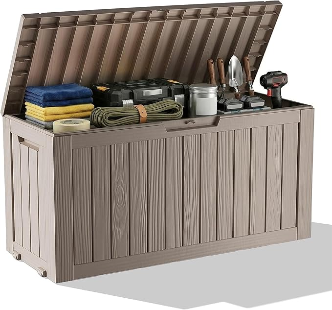 Outdoor Waterproof Resin Storage Deck Box Lockable Outside Bench UV Resistant Bin Patio Porch Furniture Pool Float Garden Tool Cushion (Grey, 85 Gallon)