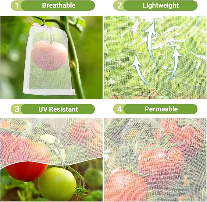 Fruit Protect Bags, 50pcs 4x6 in Garden Netting Bags with Drawstring Against Fruits Flies Bugs Birds Insects, Fruit Tree Bags for Protecting Apple Tomato Peach Figs Guavas Citrus