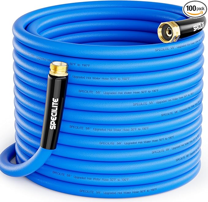SPECILITE Hot/Cold Garden Water Hose 100 ftx 5/8 in, -50℉ To 190℉, Heavy Duty, Flexible, Burst 605 Psi, Lightweigh, Upgraded Rubber Pipe with 3/4" Brass Fittings For Backyard, Outdoor, Farm, Blue