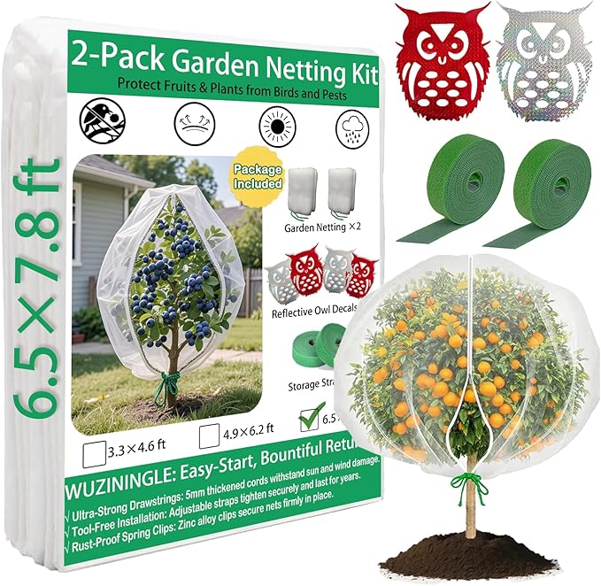 Large Garden Bird Netting with Zipper & Drawstring, 2 Pack 6.5x7.8 ft Plant Protection Cover for Trees/Shrubs, w/4 Reflective Tapes & 2 Securing Straps