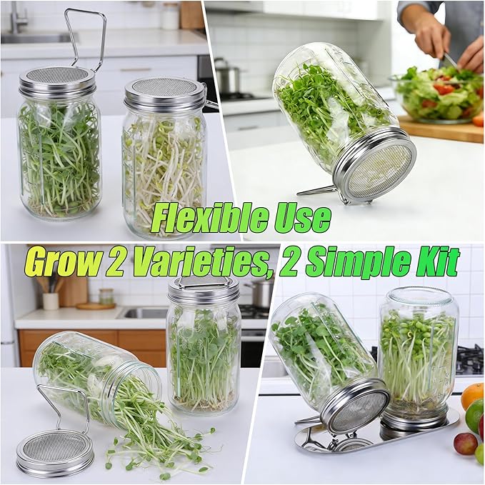 2 Pcs Sprouting Lids for Wide Mouth Mason Jars, Stainless Steel Reusable One-Piece Sprouting Jar Lids Kit with Built-In Stand, Seed Germination Sprouts Growing Kit for Organic Alfalfa & Mung Bean