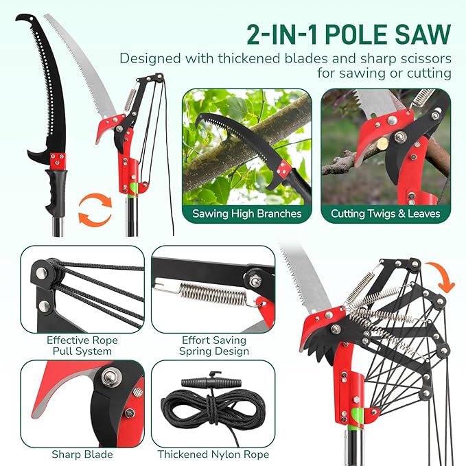 VINGLI 26FT Manual Pole Saw for Tree Trimming, Extendable Tree Pruner, Sharp Steel Blade and Scissors, High Tree Branch Cutter with Lightweight 8 Fiberglass Long Handles, for Pruning Palms and Shrubs