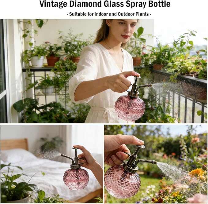 OFFIDIX Plant Mister Spray Bottle,Glass Decorative 300ML Vintage Watering Small Indoor Watering Can with Plastic Pump for Indoor Plants,Garden,Cleaning（Brown Transparent Gradient）