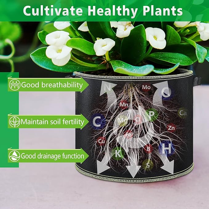 LINERY Planting Bag Black Heavy Duty Thickened Large Capacity Upgrade Hemming Process Grow Bag with Handles Non-Woven Fabric Plant Pots (10-Pack 7 Gallon)