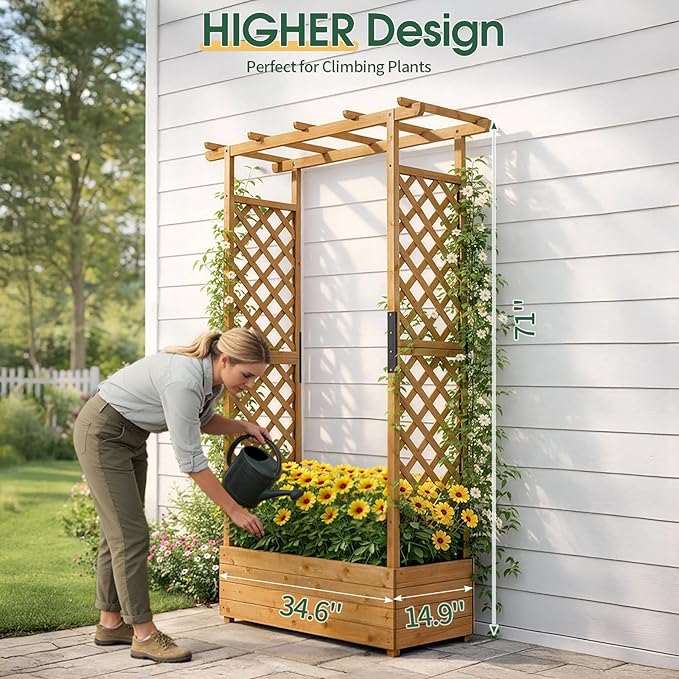 VINGLI Raised Garden Bed with Trellis & Hanging Roof, Wooden Garden Bed, Outdoor Planter Box for Yard, Garden, Balcony (Teak Color, Taller)
