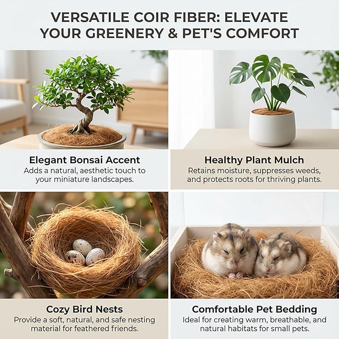 MAQIHAN Natural Coconut Husk Fiber - Organic Coconut Husk Silk for Plants,Bird Nesting Material,Organic Coco Coir for Plants,Perfect for Greenery Covering,Home Decoration,Gardening,Outdoor Use