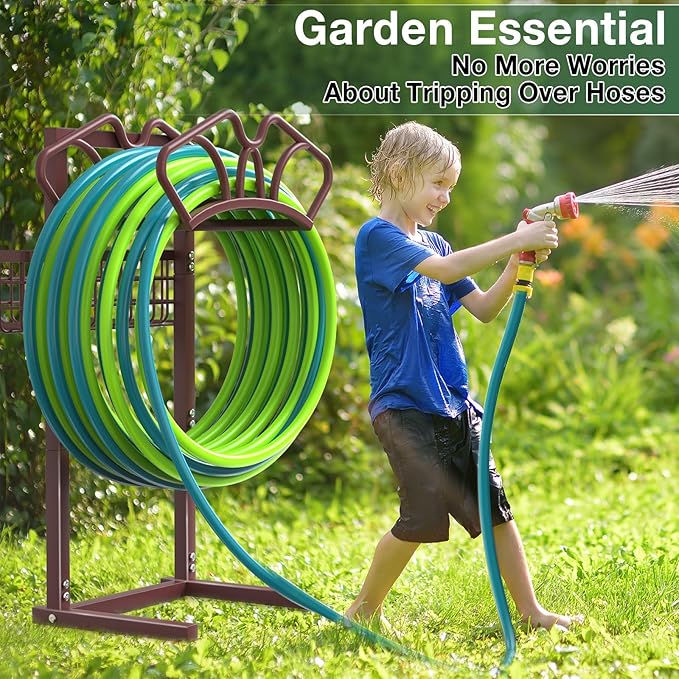 Upgraded Garden Hose Holder with Large Basket, Heavy Duty Water Hose Holder Supports 160-ft Hoses, Freestanding Detachable Hose Stand Storage Reel Hanger Rack for Yard Lawn Farm, Bronze