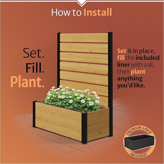 4ft H x 3.4ft W x 1.5ft L (1 Screen w/Planter) Freestanding Enclo Cedar Wood Privacy Fence Screen with Planter Box, Outdoor Wood Privacy Screen Panel for Patio, Raised Garden Bed, AZ18040
