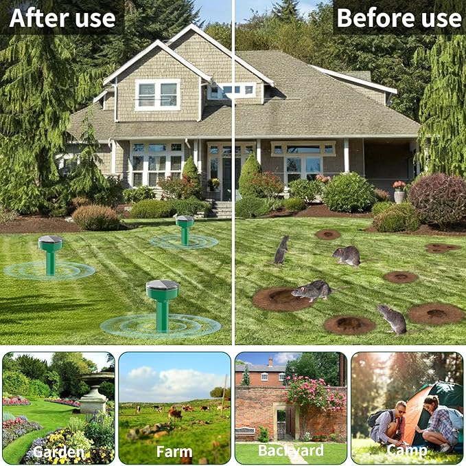 8 Pack Mole Repellent Ultrasonic Solar Powered Waterproof Outdoor Vole Chipmunk Gopher Groundhog Repeller Snake Rodent Sonic Spikes Deterrent Outdoor Mole Deterrent for Yard