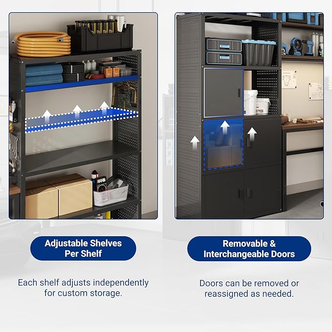 FLEXIMOUNTS Modular Garage Storage Cabinet System, All-in-One Garage Cabinet Set with Workbench & Pegboard, Full 8-Door Enclosed Heavy Duty Steel Tool Organization System, Black, FLEXIMOD Series