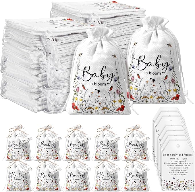 Fumete 25 Sets Wildflower Baby Shower Seed Packets Party Favors for Guests Baby in Bloom Favors Decorations Burlap Bags with Drawstring Thank You Cards and Twine, No Seeds (Bloom)