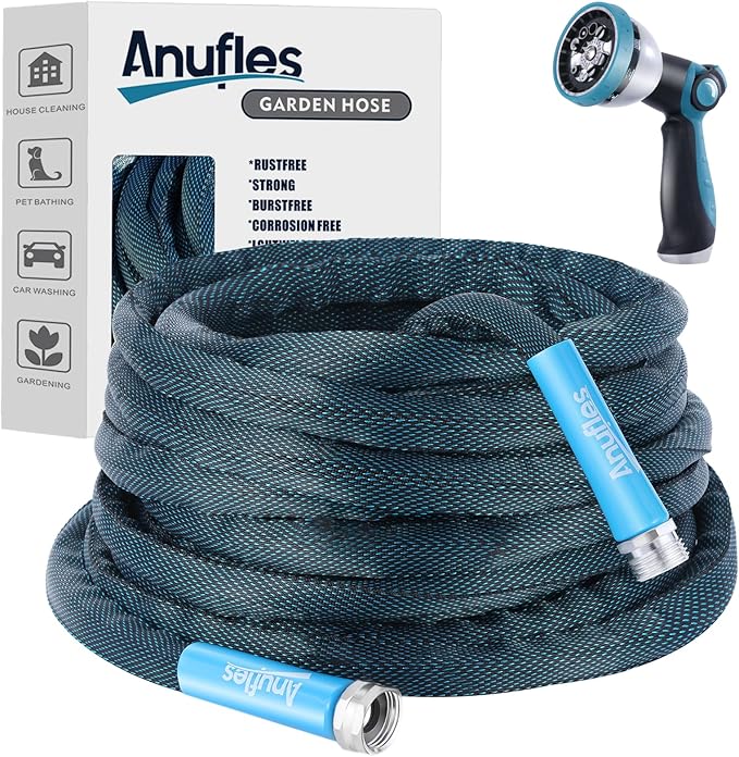 Aunfles 50FT Garden Hose - Flexible Water Hose with 10 Spray Nozzle, Lightweight Design, Easy Storage, Leak-Proof, Compact, Portable, Car Wash for Yard (Blue)