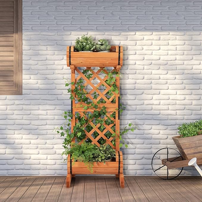 S AFSTAR Raised Garden Bed with Trellis, Outdoor Wood Garden Planter W/ 2-Tier Round Planter Box & Trellis for Vine Climbing Plants Growing, Vertical Plant Container for Garden Patio Balcony, Orange