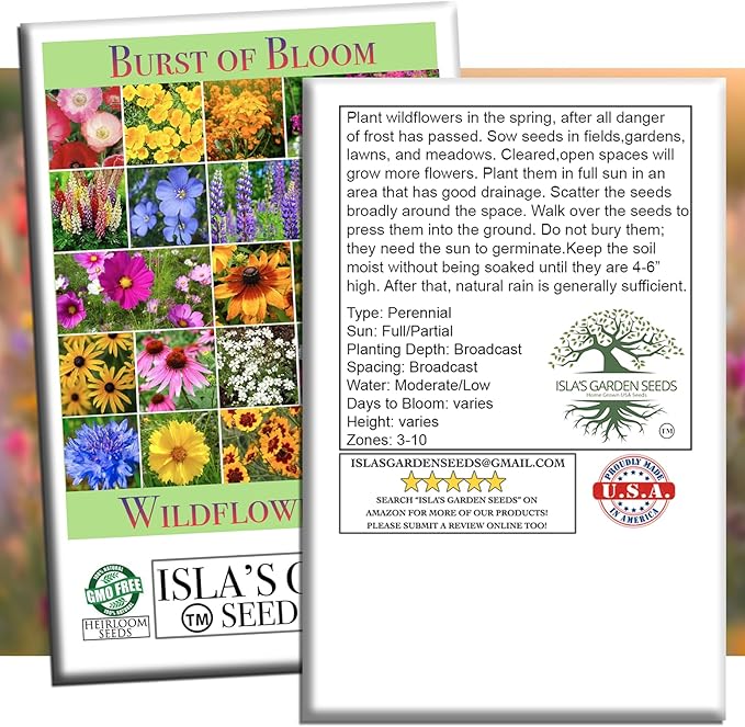 Burst of Bloom Wildflower Seed Mix – 2,500+ Non-GMO & Heirloom Seeds by Isla’s Garden Seeds, Colorful Annual & Perennial Blend, Attracts Butterflies, Bees & Hummingbirds,Perfect for Pollinator Gardens