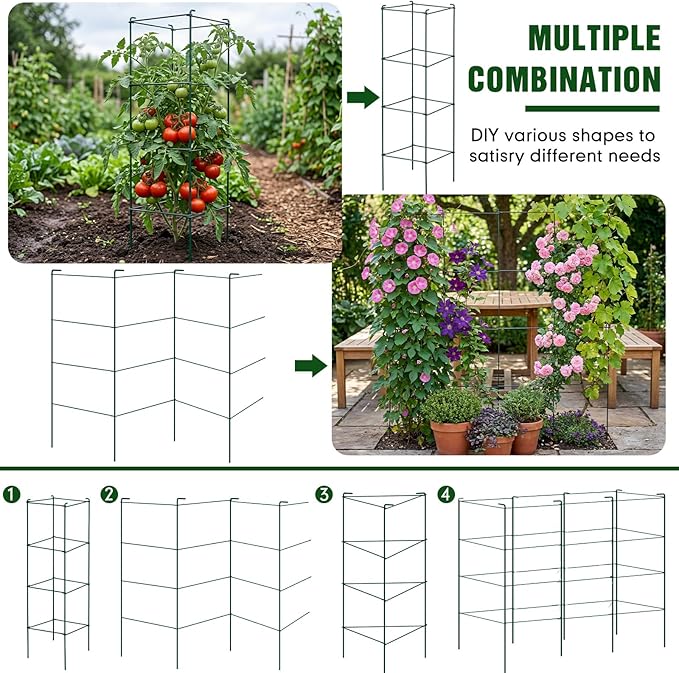 Hicarer 16 Pack Square Tomato Cage Heavy Duty Tomato Cages for Garden Vegetable Plant Trellis Stakes Plant Support Stake Tower for Climbing Vegetables Plants Flowers Fruit (11.5 x 46 Inches,Green)