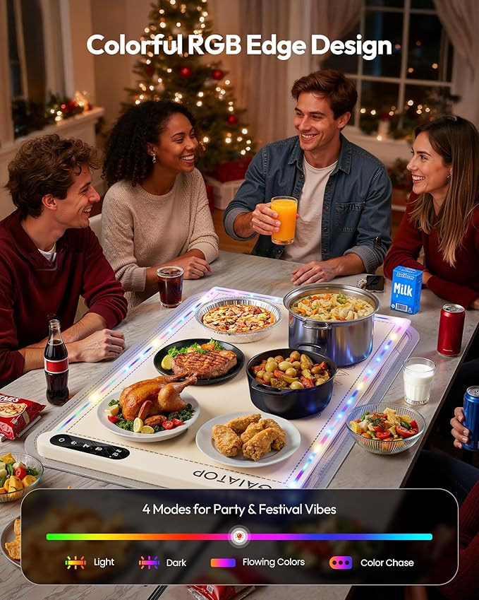 Gaiatop Warming Mat for Food with Trivet & Light, Food Warming Mats for Countertop, 6 Temp Level, 6 Timer Settings, Full-Surface Fast Heating, Portable Silicone Food Warmer for Parties Buffet