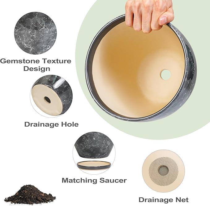 Ceramic Pots for Plants - 10+8+6 Inch Modern Flower Pot for Indoor Outdoor, Round Planters with Drainage Holes and Trays, Office Garden Living Room Decor, Housewarming Gifts, Set of 3, Grey