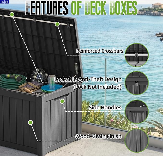 150 Gallon Outdoor Storage Deck Box Waterproof Resin Lockable Outside Bench Porch Patio Furniture Pool Float Garden Tool Cushion UV Resistant Bin Black