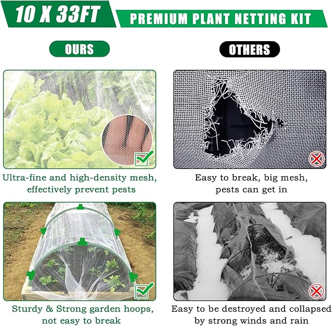 10 X 50 FT Garden Mesh Netting Kit Pest Barrier for Raised Beds, Fruit Tree Netting with 10 Sets Garden Hoops & 20 Clips for Cicadas Bird Insect, Blueberry Bush Netting Cover for Garden Protection