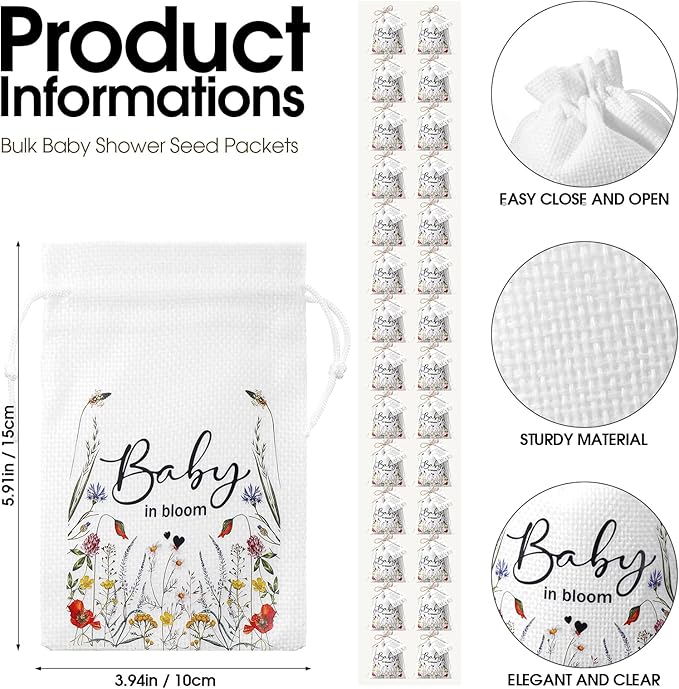 Fumete 25 Sets Wildflower Baby Shower Seed Packets Party Favors for Guests Baby in Bloom Favors Decorations Burlap Bags with Drawstring Thank You Cards and Twine, No Seeds (Bloom)