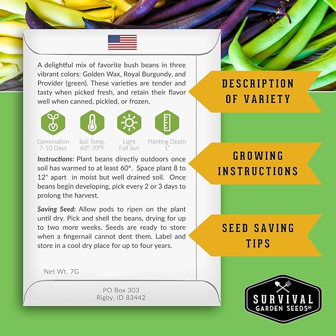 Survival Garden Seeds - Tri-Color Bean Seed for Planting - 3 Packs with Instructions to Plant and Grow Yellow, Purple, and Green Bush Beans in Your Home Vegetable Garden - Non-GMO Heirloom Variety
