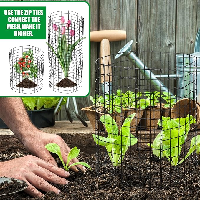 Zubebe 12 Sets Wire Plant Protector from Animals 14" H x 12.8" D Metal Mesh Plant Cage Sturdy Garden Bunny Barricades Chicken Wire Cloche for Vegetables with Ground Stakes and Nylon Ties