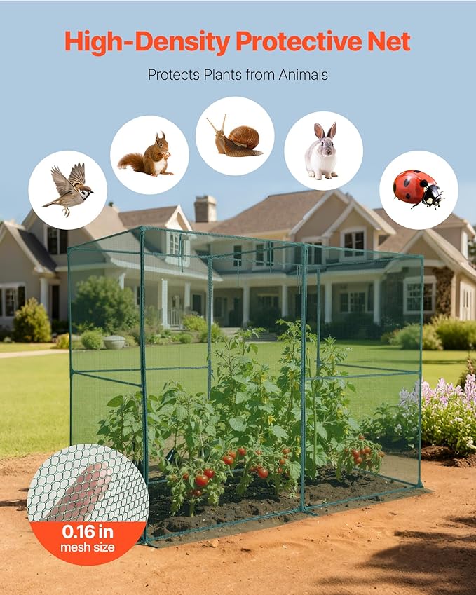 VEVOR Crop Cage, 7.8 x 3.9 x 5.9 ft Plant Protection Tent with Zippered Door, Wind-Resistant Tall Crop Cage, Easy to Install, Outdoor Raised Bed Cover, Tomato Plant Netting for Garden Patio Lawn
