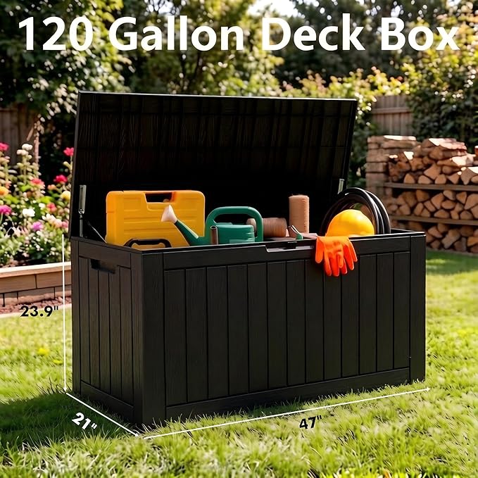 120 Gallon Outdoor Storage Box, Resin Deck Boxes Outdoor Waterproof For Patio Furniture, Garden Tools, Pool Supplies, Durable And UV Resistant, Lockable（Black）