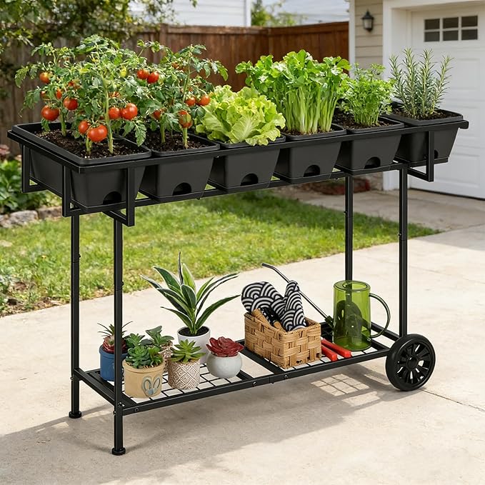 Vrisa Elevated Garden Bed with Shelf 43x17x29 in Outdoor Raised Planter Box with Legs and Wheels Vegetables Herbs Flowers Garden Box with Drain Outlet for Backyard, Patio, Balcony, Grey