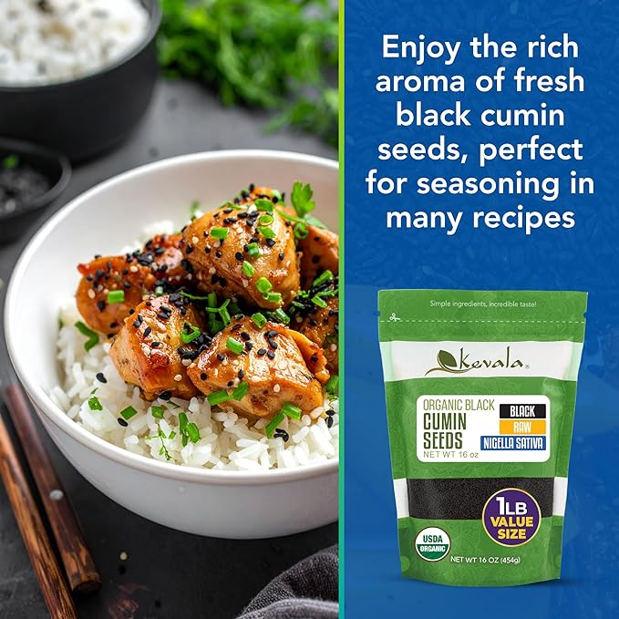 Kevala Organic Raw Black Cumin Seeds (Nigella Sativa) - Gluten Free Seasoning for Salads, Vegan Option for a Variety of Diets, For Healthy Cooking in Restaurants, Kitchen Staple, 1lb, 16 oz