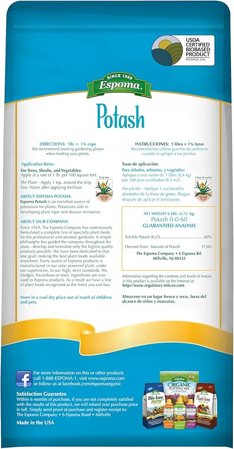 Espoma Potash 0-0-60 Potassium Fertilizer. Use for All Plants requiring Potash Supplement Including Trees, Shrubs, Vegetables and Flowers. Granular for Easy Application. 6 lb. Bag