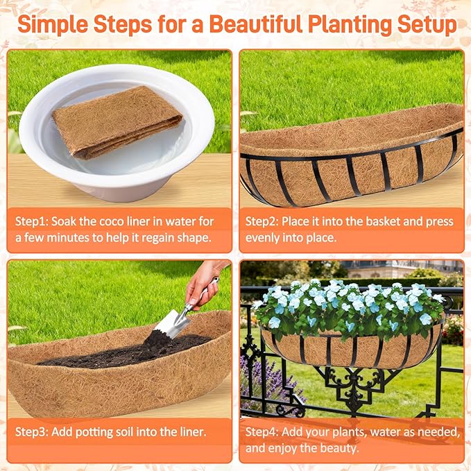 4 Pack 30 Inch Trough Coconut Liners for Planters- Natural Coco Liner Window Box Liners Replacement, Coconut Fiber Planter Liner for Outdoor Flower Planters, Deck Railings, Fence and Balcony