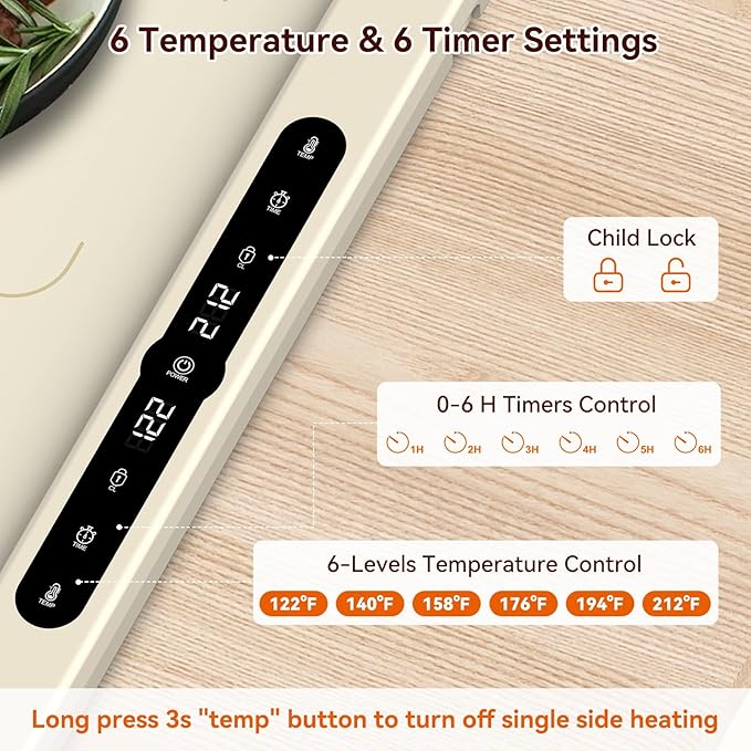 Graphene Warming Mat for Food with Dual Zone Control | XXL 36"x17" Electric Heating Tray | 6 Temp & Timer Settings | Food Warmer for Parties Buffets | Ideal Kitchen Gift for Mom & Wife (Beige)