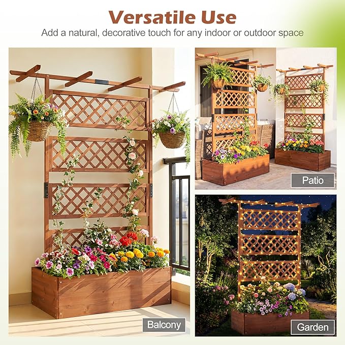 Giantex Raised Garden Bed with Trellis, 72'' Wooden Planter Box Outdoor w/Privacy Screen Roof, Large Vertical Garden Planter w/Drainage Holes for Climbing Plants, Patio Balcony Backyard