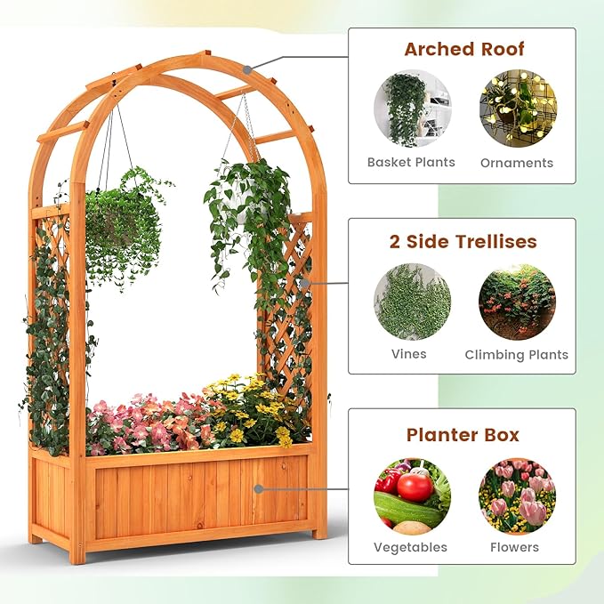 Giantex Raised Garden Bed with Arch Trellis, for Climbing Vine Flower Vegetable, Wood Planter Box with Liner & Drainage Design, Outdoor Plant Container for Yard Balcony (33"x14"x58")