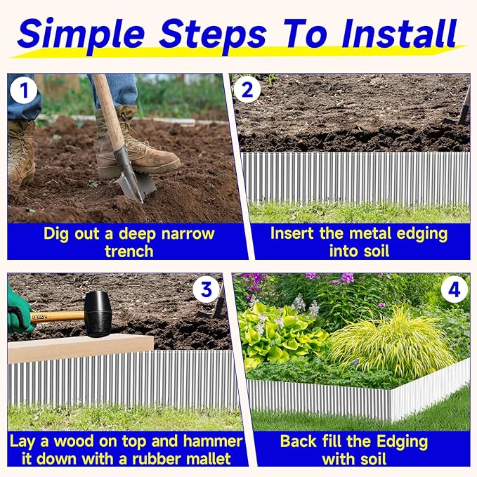 Corrugated Garden Edging, 10"×10Ft Galvanized Steel Landscape Edging & Lawn Edging Border, Metal Garden Border for Flower Beds, Garden，Lawn，Raised Beds & Tree Surrounds (Silver)