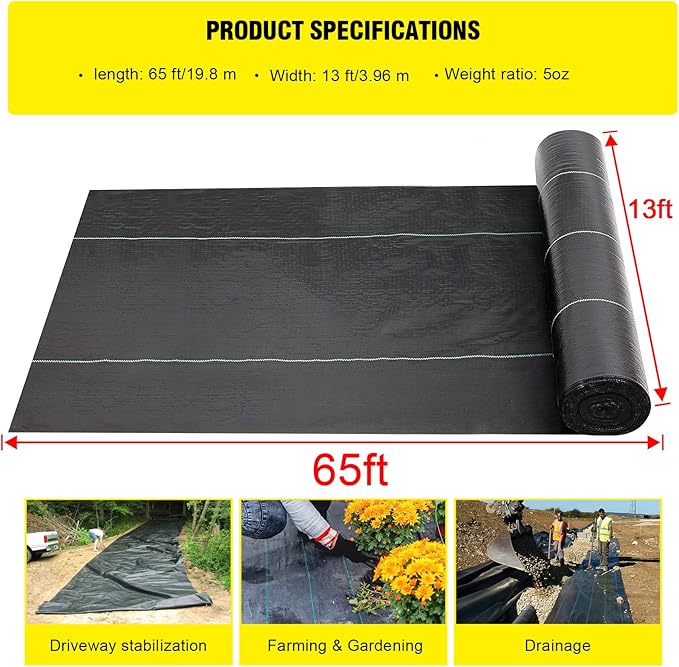 DWALE Driveway Fabric, 13x65 ft Road Commercial Weed Barrier, 5OZ Heavy Duty Landscape Fabric for French Drain, Erosion Control, and Construction Projects