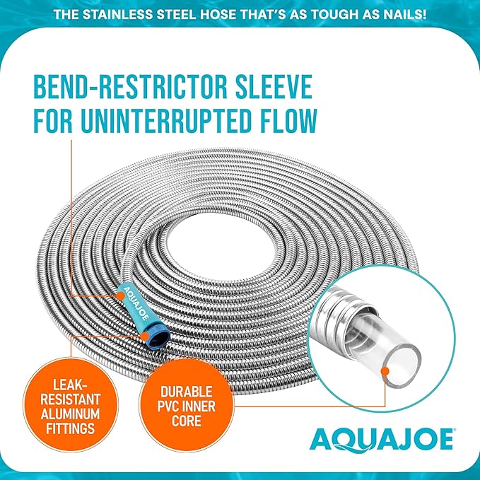 Aqua Joe AJSGH25 1/2-Inch Heavy-Duty, Puncture Proof Kink-Free, Spiral Constructed 304-Stainless Steel Metal, Garden Hose, 25-Foot
