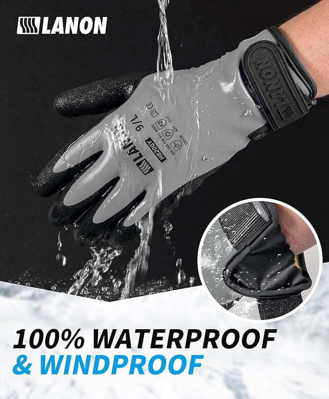 LANON Waterproof Winter Work Gloves, Double Latex Coated, Thermal Insulated Freezer Gloves for Cold Weather, Heavy Duty, Non-Slip Grip, Wrist Closure, Grey,L
