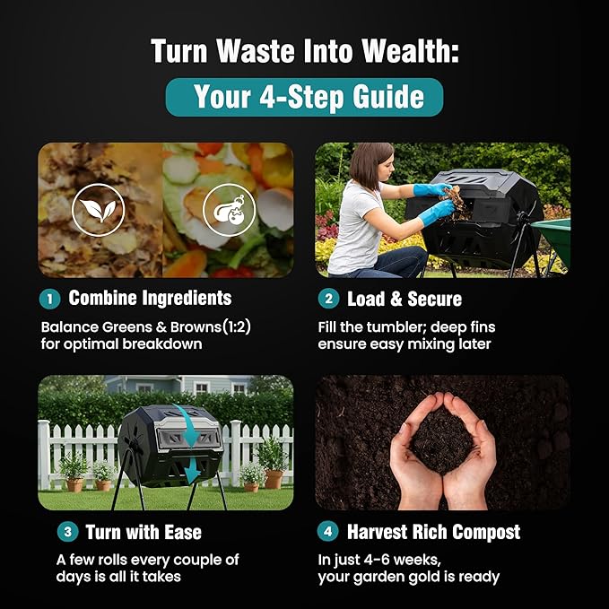 OLIXIS Compost Bin Outdoor 43 Gallon, Dual Chamber Composter Tumbler Outdoor with Gloves, Efficient 360°Rotating Composting Bin for Patio, Lawn, Home Gardening and Landscape, Classic Black