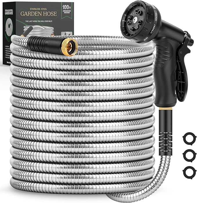 Garden Hose 100 FT, Metal Stainless Steel Water Hose with 10 Function Nozzles, No Kinks, Flexible Hose, Lightweight, Puncture Proof, Heavy Duty Hose for Yard and Outdoor, Silver