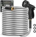 Garden Hose 100 FT, Metal Stainless Steel Water Hose with 10 Function Nozzles, No Kinks, Flexible Hose, Lightweight, Puncture Proof, Heavy Duty Hose for Yard and Outdoor, Silver