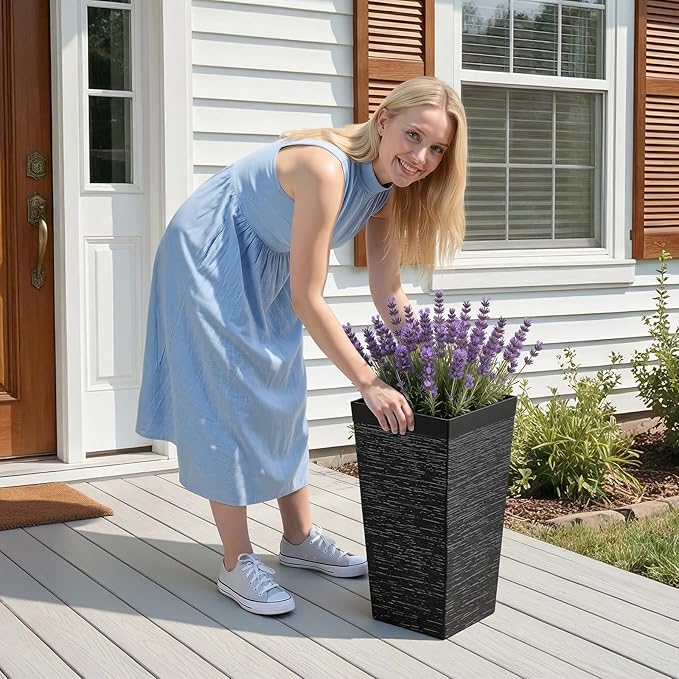 VEVOR Set of 2 Tall Planters for Outdoor Plants 23inch, Black Tall Planter for Indoor Plants, Modern Planters for Front Porch Patio Balcony, Plant Container Flower Pots with Built-in Drainage