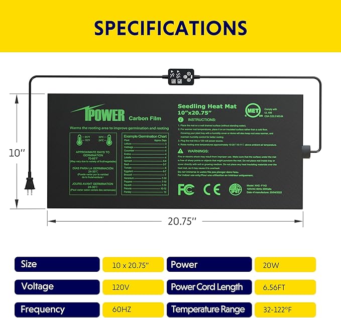 iPower 10"x20.75" Seedling Heat Mat with Built-in Temperature Controller, MET Certified Waterproof Plant Heating Pad, for Germination, Breeding, Brewing