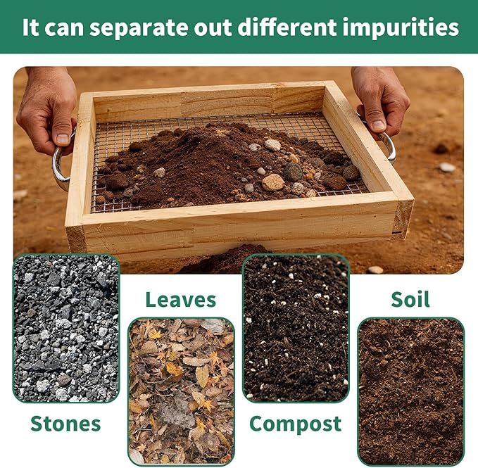 Soil Sifter for Gardening Dirt Sifter with 0.12 inch Metal Wire Mesh Sifting Screen Wood Rocks Sifter with Handle Screen Compost Sifter Garden Essentials（12.5x11.4 in）