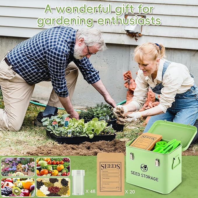 Seed Storage Organizer, Metal Seed Bank Gardening Saving Containers Box (Seeds not Included)