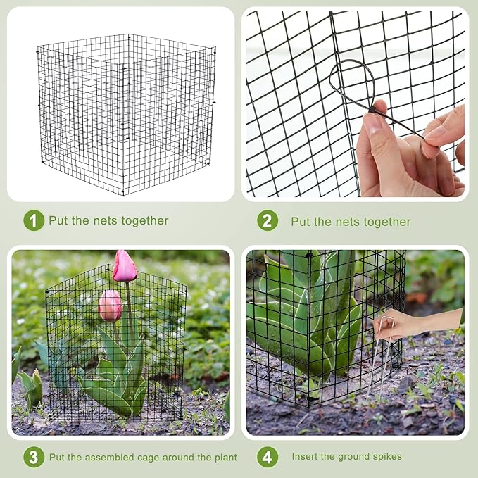 Zubebe 14 Pack Small Wire Plant Protectors Square Plant Protectors from Animals Mesh Cage Chicken Wire Cloche for Shrubs and Vegetables with Ground Stakes and Nylon Ties (12 x 12 Inch)